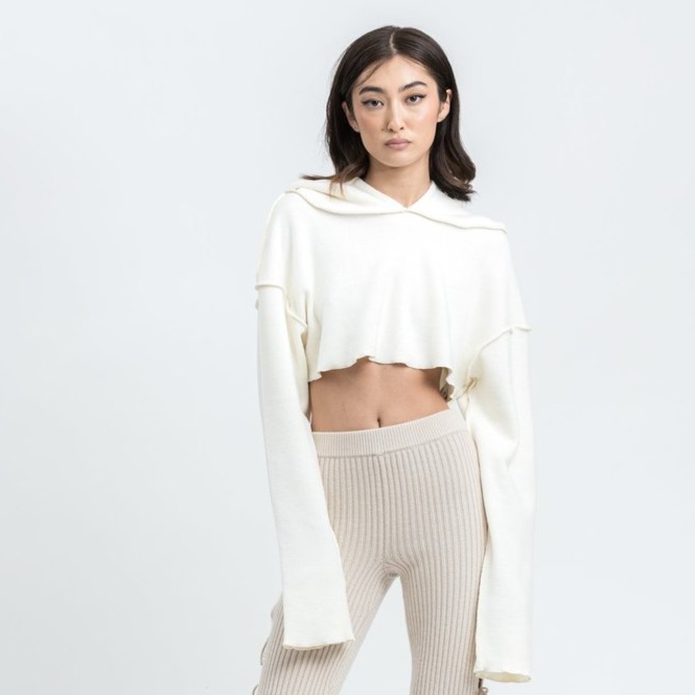 Danielle Guizio Rib Oversized Cropped Hoodie Sweater in Cream - Size XS/S